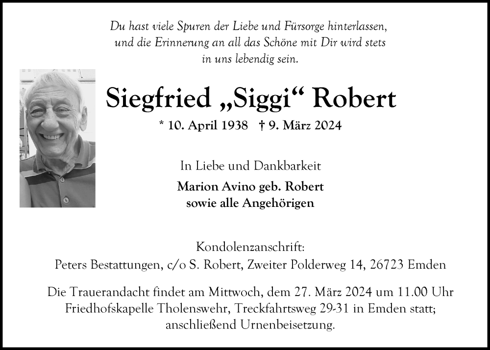  Traueranzeige für Siegfried Robert vom 16.03.2024 aus Emder Zeitung
