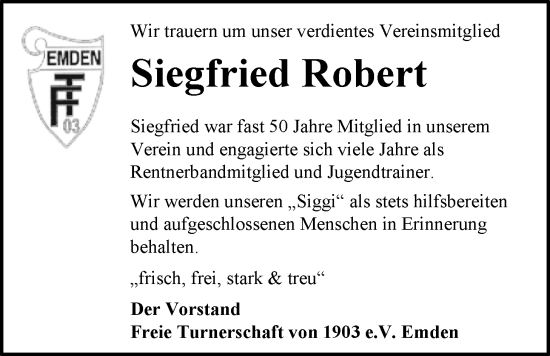 Traueranzeige von Siegfried Robert von Emder Zeitung
