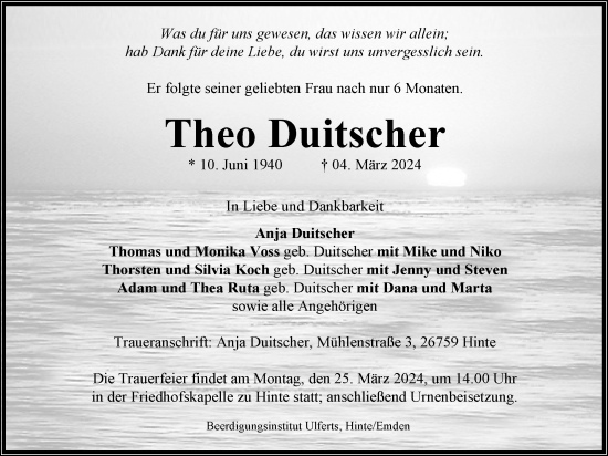 Traueranzeige von Theo Duitscher von Emder Zeitung