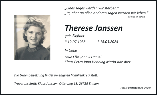 Traueranzeige von Therese Janssen von Emder Zeitung
