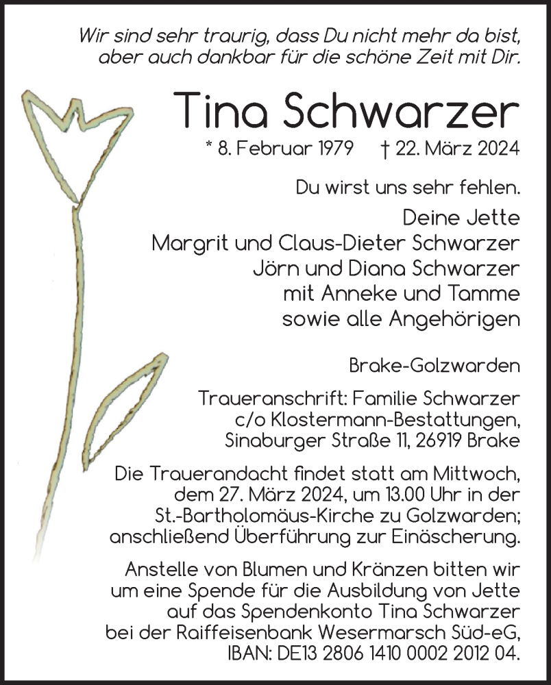  Traueranzeige für Tina Schwarzer vom 26.03.2024 aus Nordwest-Zeitung