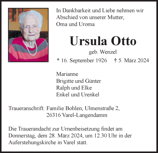 Traueranzeige von Ursula Otto von Nordwest-Zeitung