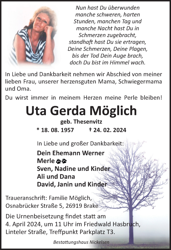  Traueranzeige für Uta Gerda Möglich vom 16.03.2024 aus Nordwest-Zeitung