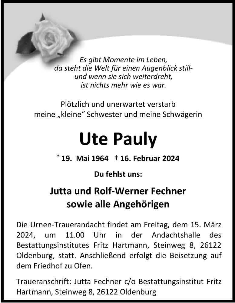  Traueranzeige für Ute Pauly vom 09.03.2024 aus Nordwest-Zeitung