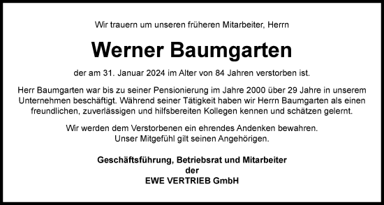 Traueranzeige von Werner Baumgarten von Nordwest-Zeitung