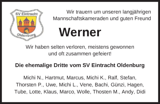 Traueranzeige von Werner Hohlen von Nordwest-Zeitung