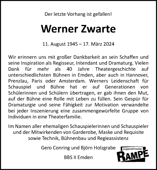 Traueranzeige von Werner Zwarte von Emder Zeitung