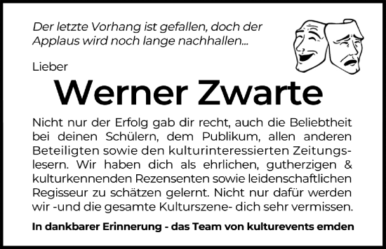 Traueranzeige von Werner Zwarte von Emder Zeitung