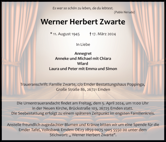 Traueranzeige von Werner Herbert Zwarte von Emder Zeitung