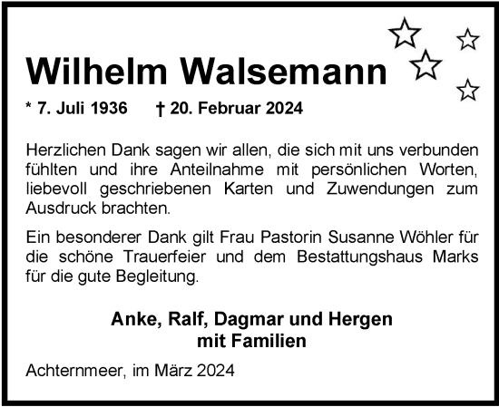 Traueranzeige von Wilhelm Walsemann von Nordwest-Zeitung