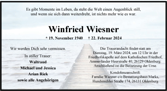 Traueranzeige von Winfried Wiesner von Nordwest-Zeitung