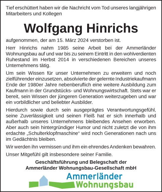 Traueranzeige von Wolfgang Hinrichs von Nordwest-Zeitung