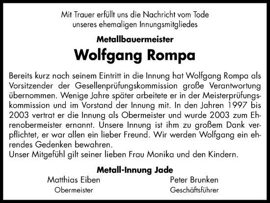 Traueranzeige von Wolfgang Rompa von Nordwest-Zeitung