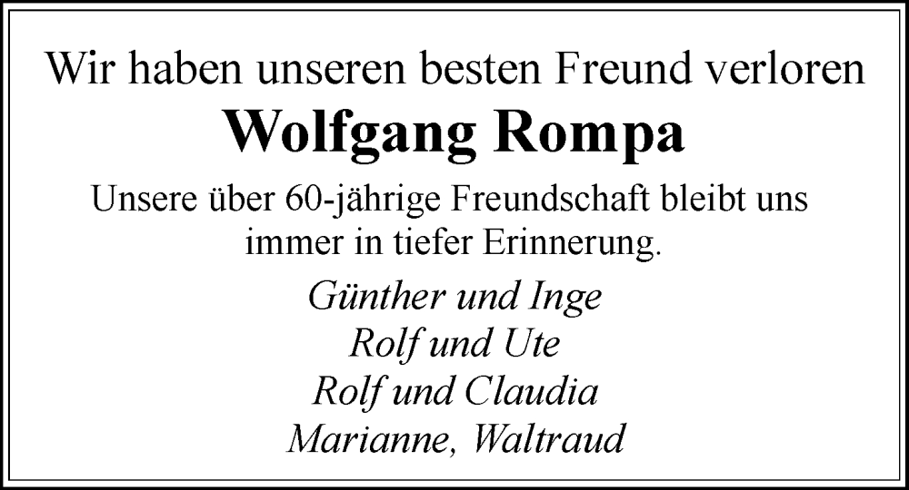  Traueranzeige für Wolfgang Rompa vom 15.03.2024 aus Nordwest-Zeitung