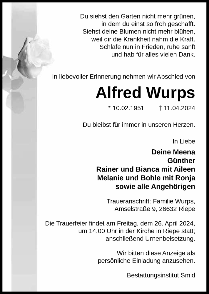 Traueranzeige für Alfred Wurps vom 20.04.2024 aus Emder Zeitung