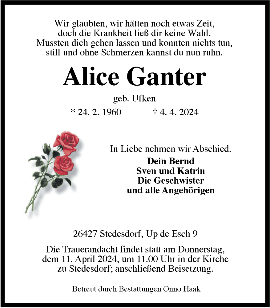  Traueranzeige für Alice Ganter vom 08.04.2024 aus WZ/JW/AH