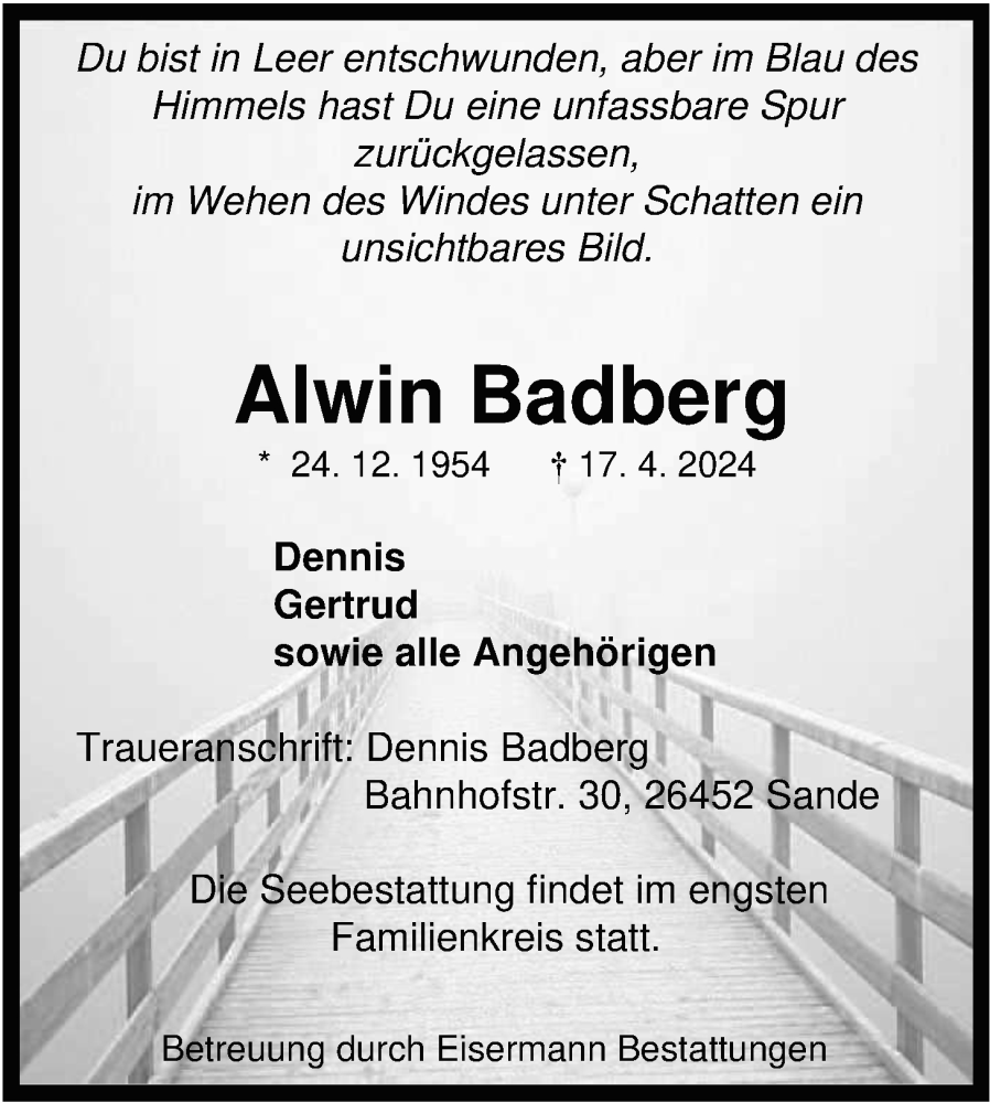  Traueranzeige für Alwin Badberg vom 20.04.2024 aus WZ/JW/AH