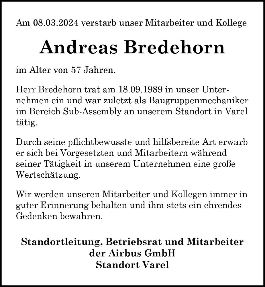  Traueranzeige für Andreas Bredehorn vom 06.04.2024 aus Nordwest-Zeitung