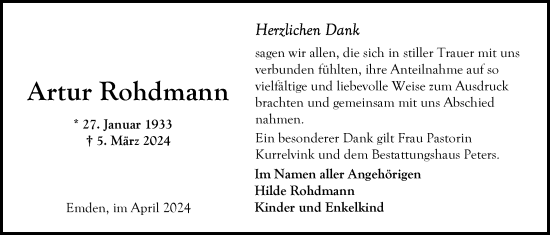 Traueranzeige von Artur Rohdmann von Emder Zeitung
