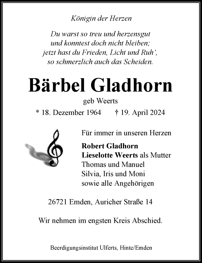  Traueranzeige für Bärbel Gladhorn vom 27.04.2024 aus Emder Zeitung