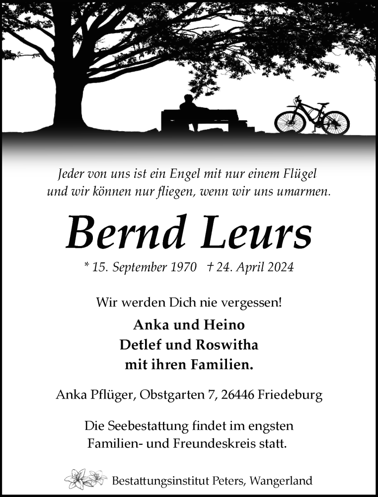  Traueranzeige für Bernd Leurs vom 26.04.2024 aus WZ/JW/AH