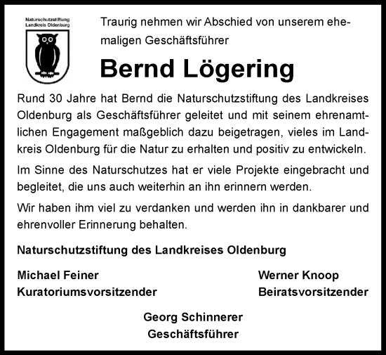 Traueranzeige von Bernd Lögering von Nordwest-Zeitung