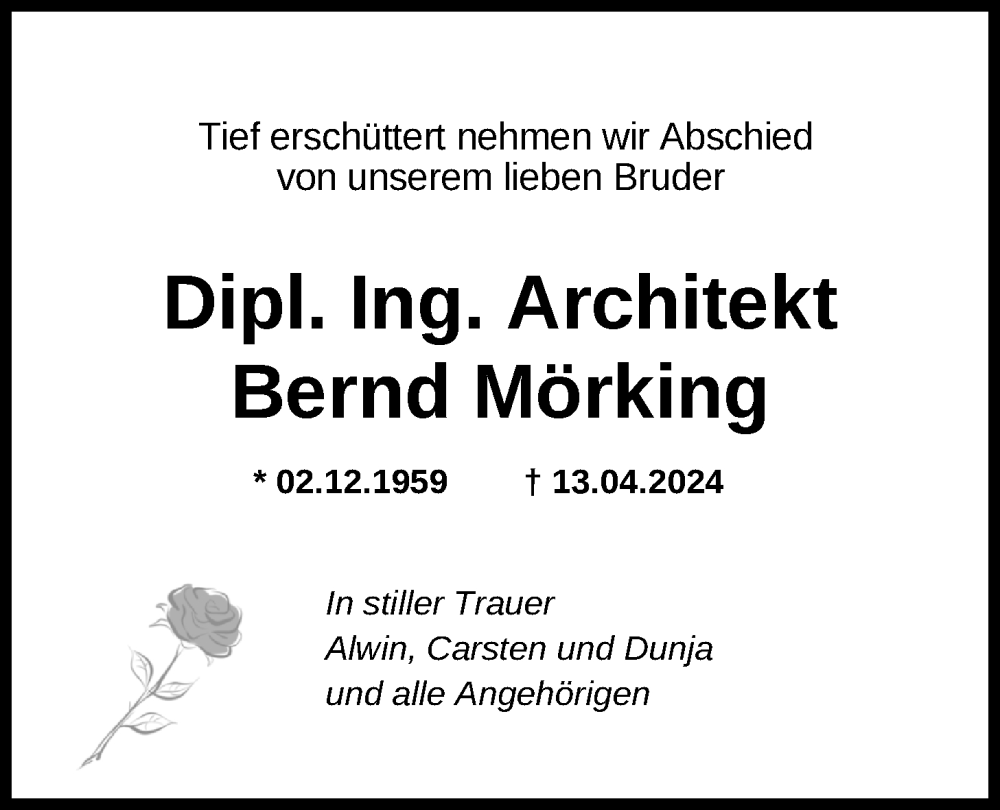  Traueranzeige für Bernd Mörking vom 17.04.2024 aus Nordwest-Zeitung