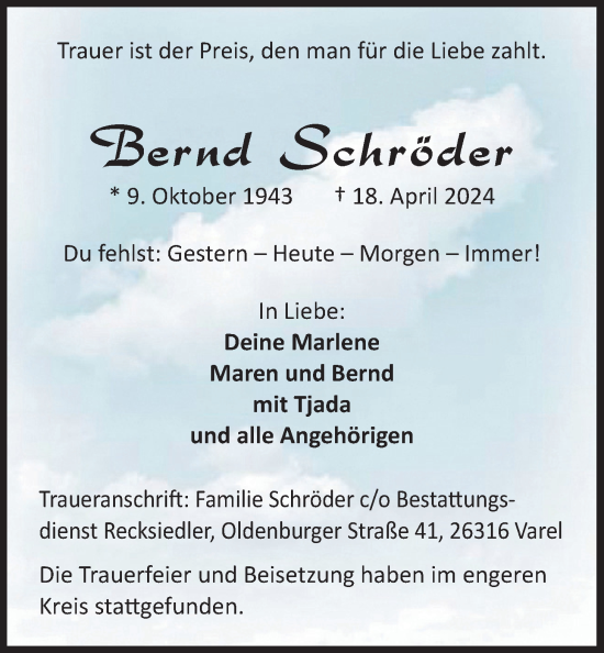 Traueranzeige von Bernd Schröder von Nordwest-Zeitung