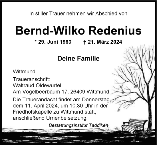 Traueranzeige von Bernd-Wilko Redenius von WZ/JW/AH