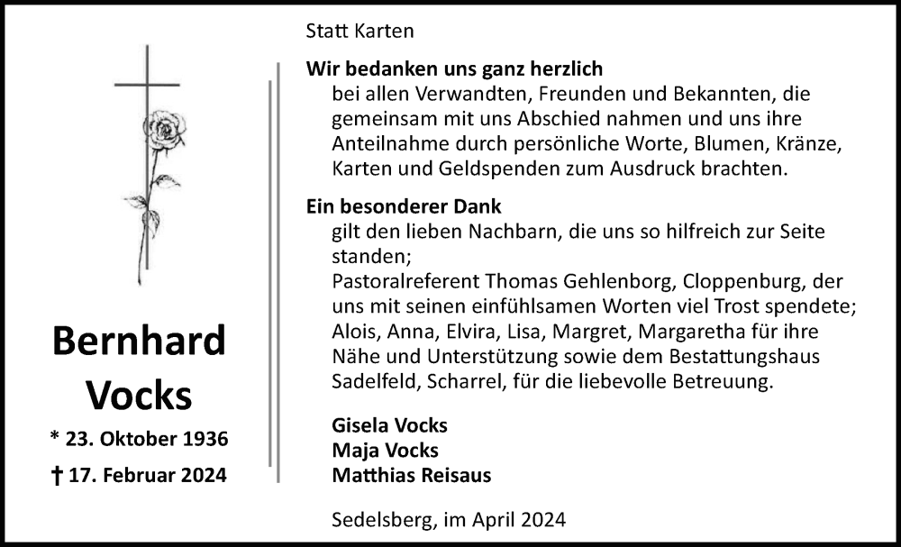  Traueranzeige für Bernhard Vocks vom 18.04.2024 aus Nordwest-Zeitung