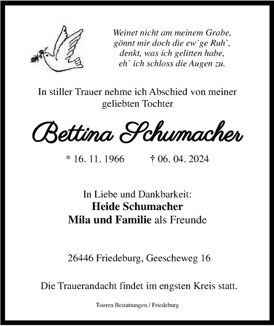 Traueranzeige von Bettina Schumacher von WZ/JW/AH