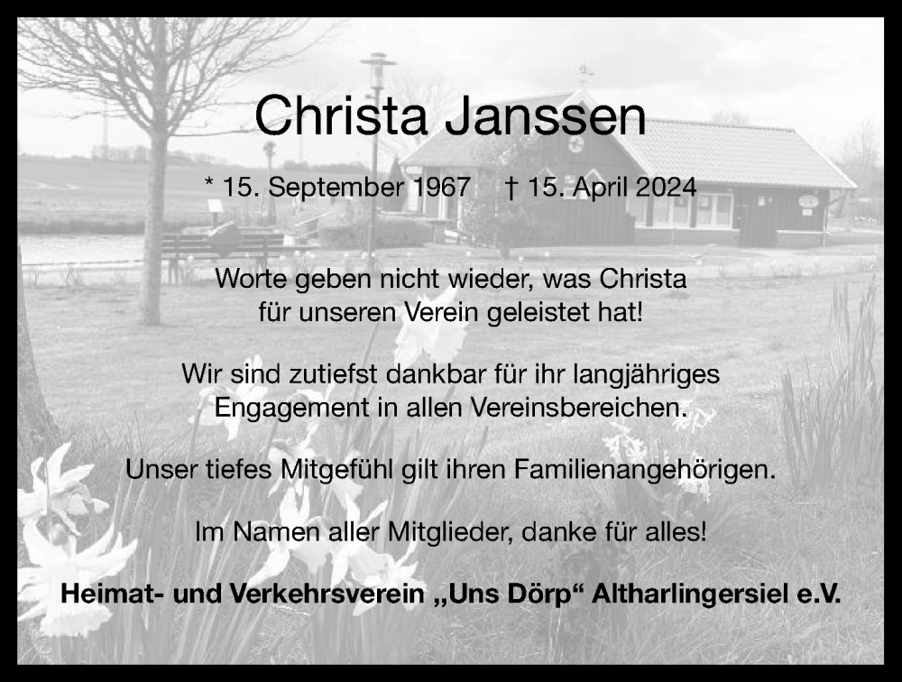  Traueranzeige für Christa Janssen vom 19.04.2024 aus WZ/JW/AH