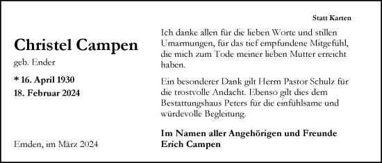 Traueranzeige von Christel Campen von Emder Zeitung