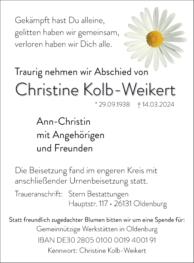 Traueranzeige für Christine Kolb-Weikert vom 27.04.2024 aus Nordwest-Zeitung