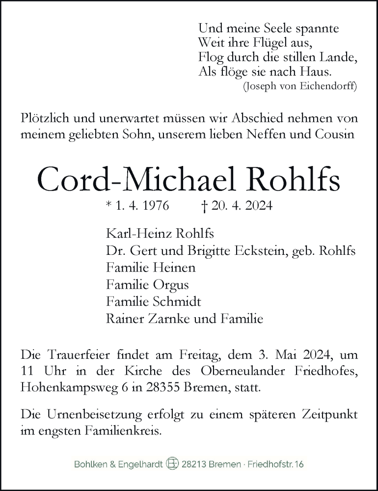  Traueranzeige für Cord-Michael Rohlfs vom 27.04.2024 aus Nordwest-Zeitung