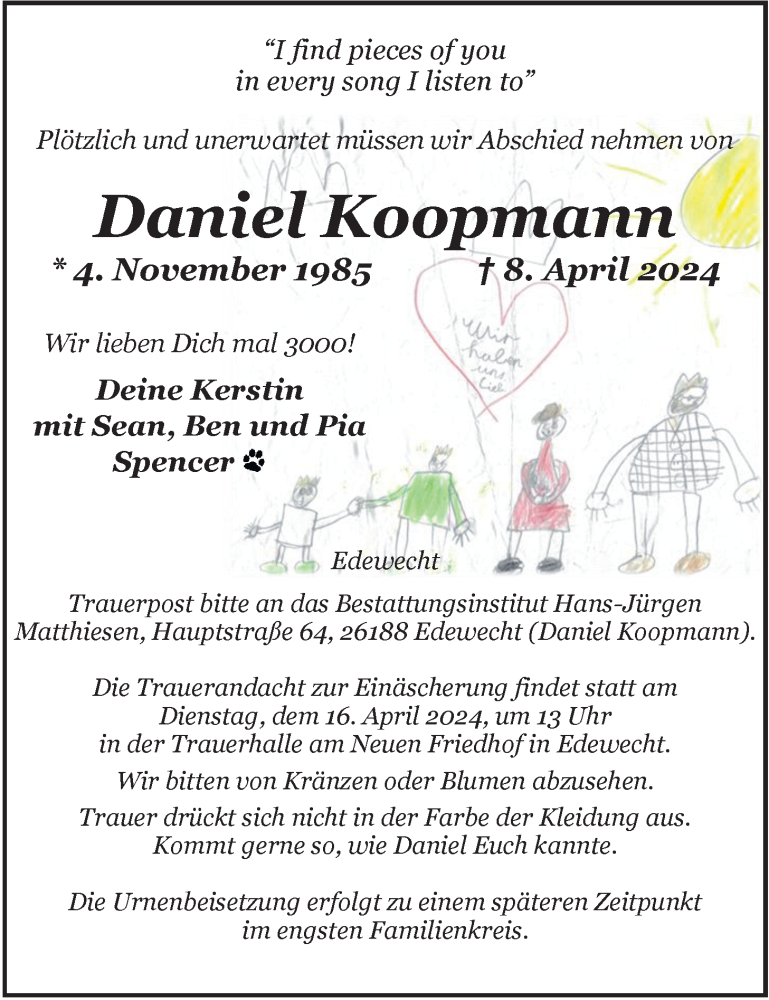  Traueranzeige für Daniel Koopmann vom 13.04.2024 aus Nordwest-Zeitung