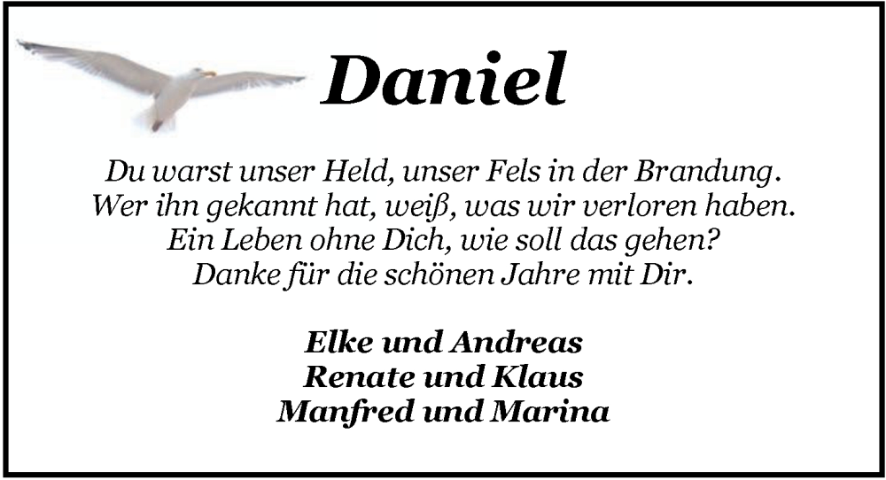  Traueranzeige für Daniel Koopmann vom 13.04.2024 aus Nordwest-Zeitung