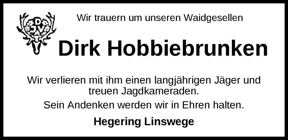  Traueranzeige für Dirk Hobbiebrunken vom 24.04.2024 aus Nordwest-Zeitung