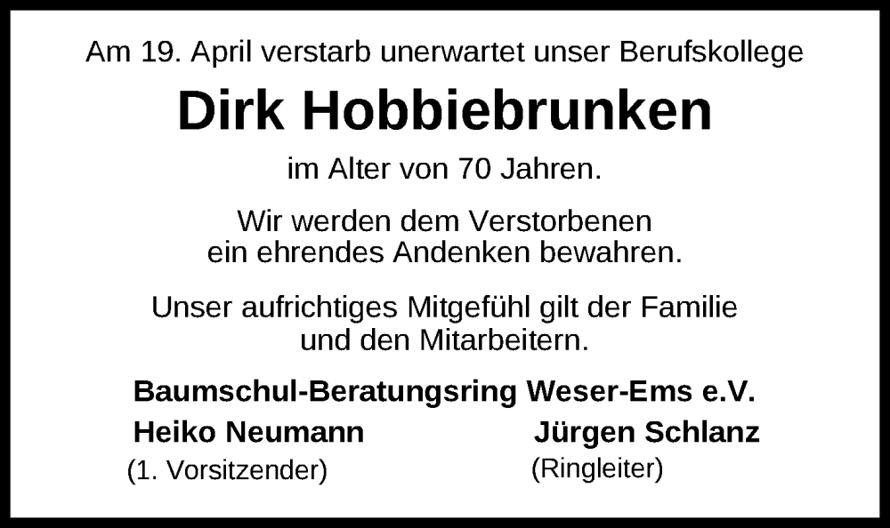  Traueranzeige für Dirk Hobbiebrunken vom 24.04.2024 aus Nordwest-Zeitung