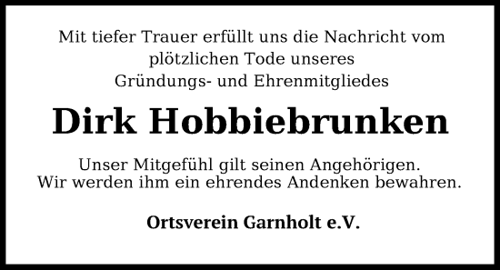 Traueranzeige von Dirk Hobbiebrunken von Nordwest-Zeitung