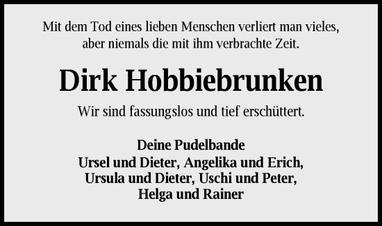 Traueranzeige von Dirk Hobbiebrunken von Nordwest-Zeitung