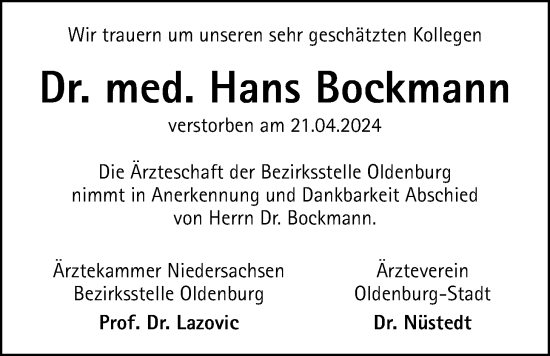 Traueranzeige von Dr. med. Hans Bockmann von Nordwest-Zeitung