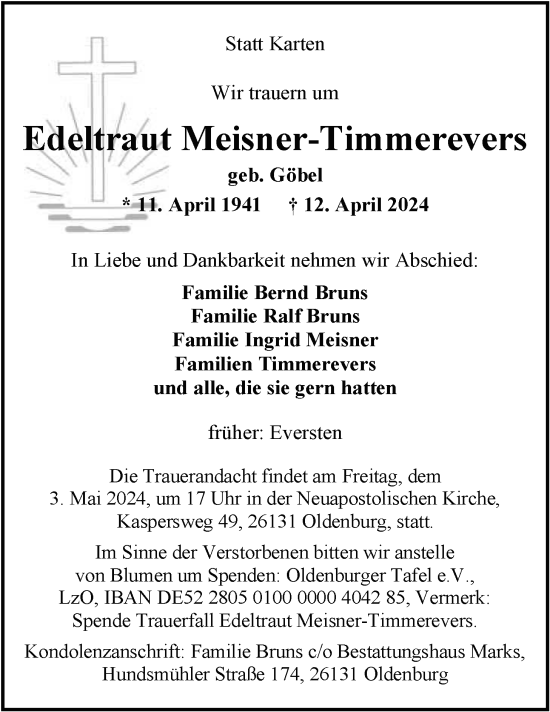 Traueranzeige von Edeltraut Meisner-Timmerevers von Nordwest-Zeitung