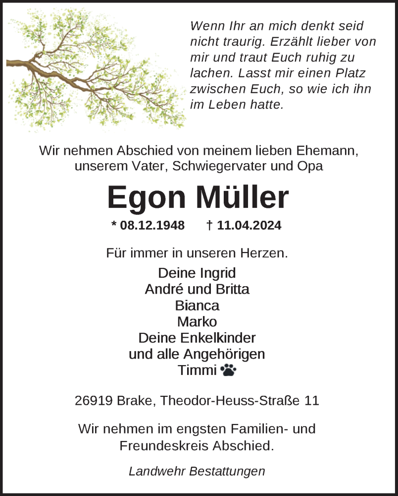  Traueranzeige für Egon Müller vom 16.04.2024 aus Nordwest-Zeitung