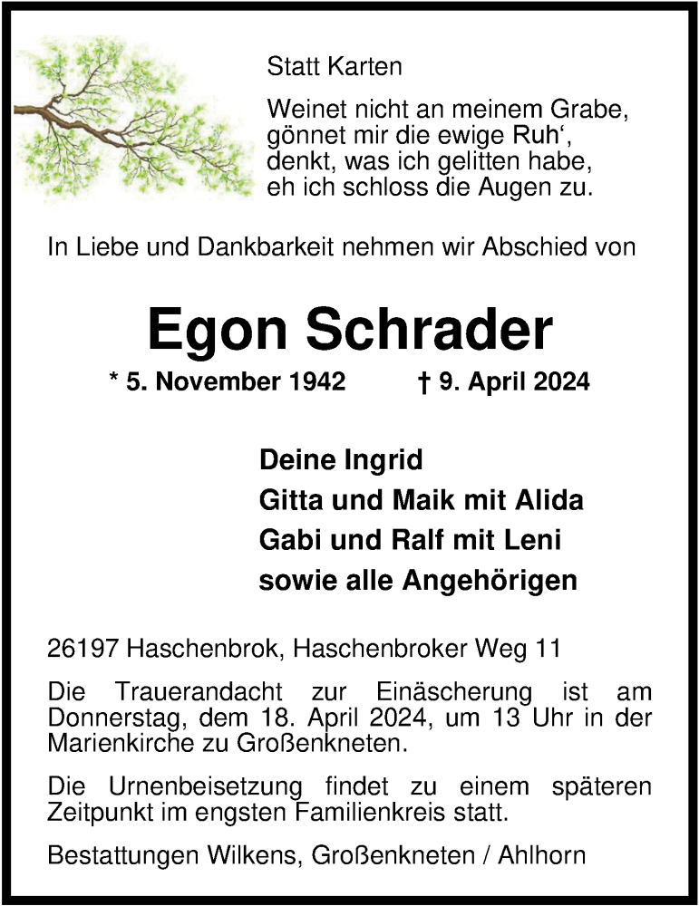 Traueranzeige für Egon Schrader vom 13.04.2024 aus Nordwest-Zeitung