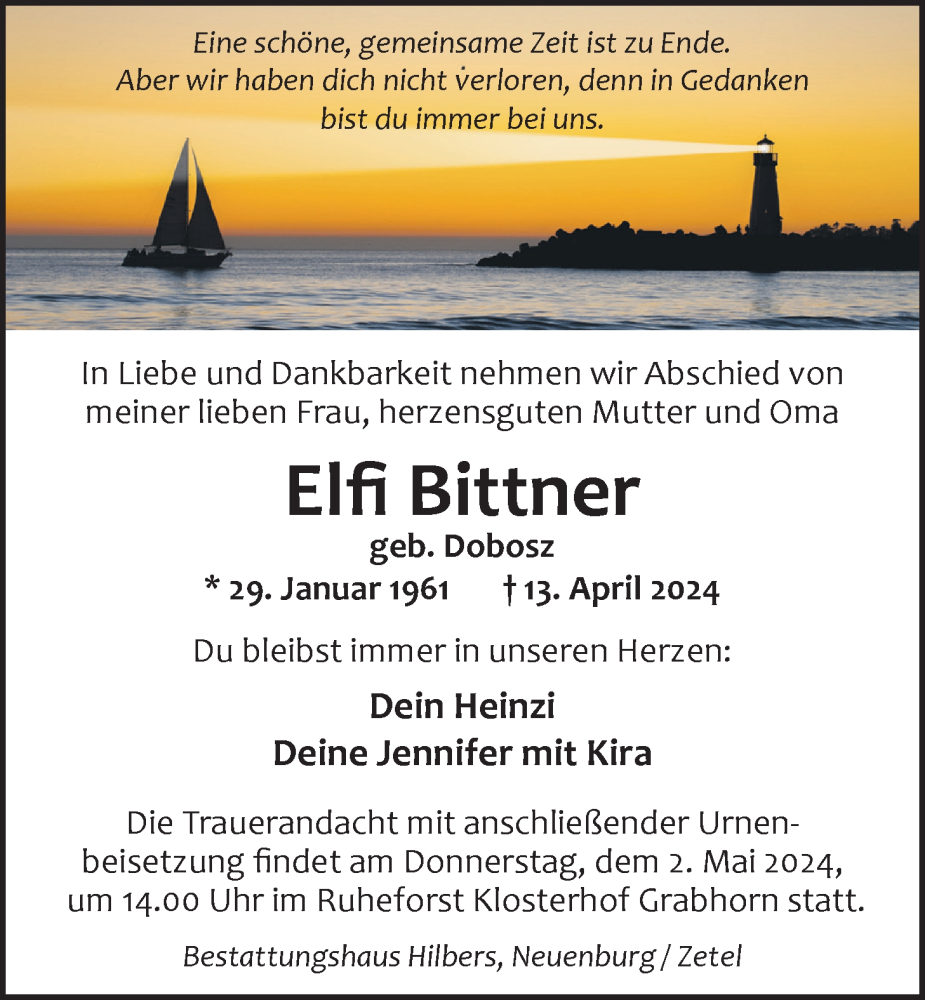  Traueranzeige für Elfi Bittner vom 20.04.2024 aus Nordwest-Zeitung