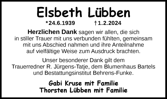 Traueranzeige von Elsbeth Lübben von Nordwest-Zeitung