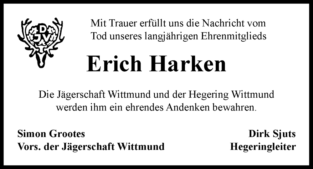  Traueranzeige für Erich Harken vom 13.04.2024 aus WZ/JW/AH