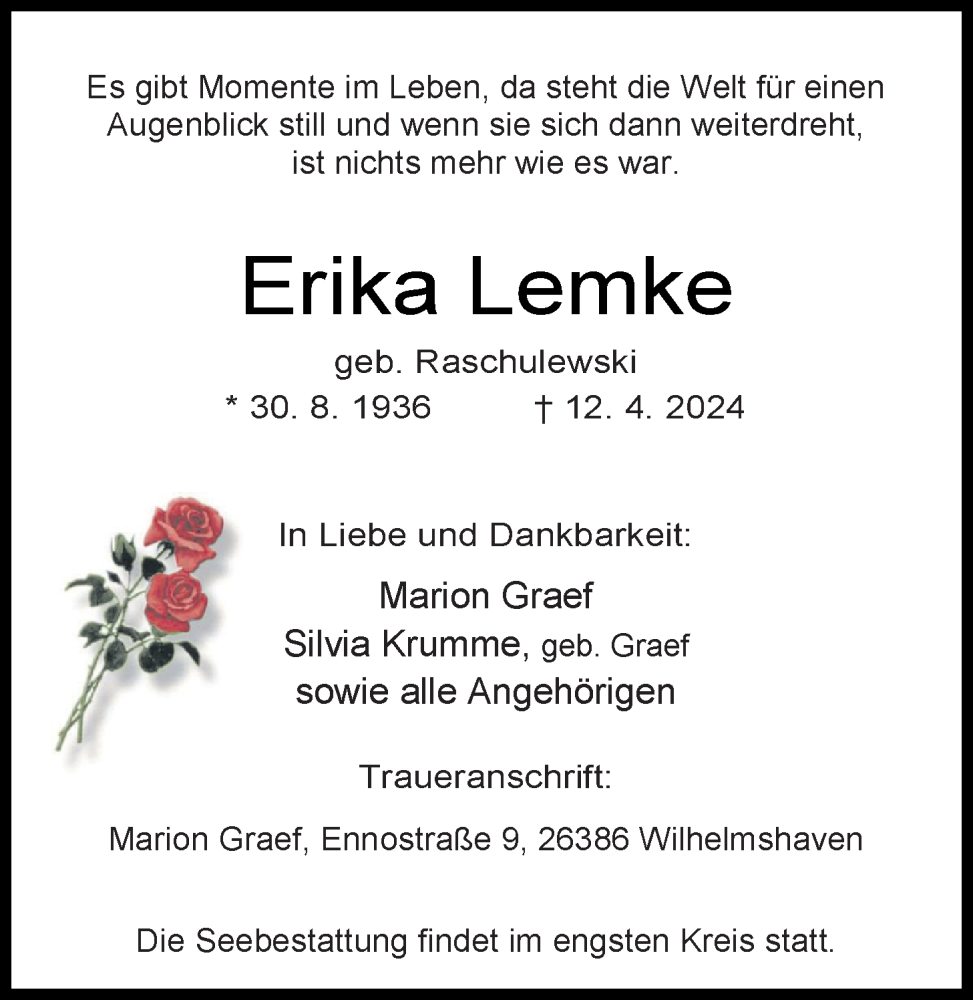  Traueranzeige für Erika Lemke vom 20.04.2024 aus WZ/JW/AH
