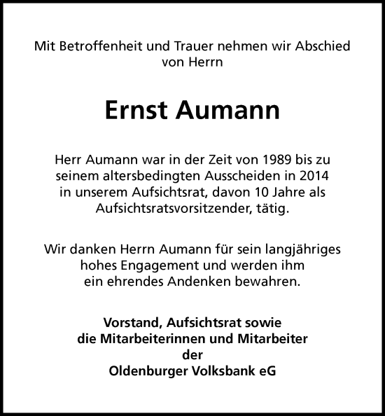 Traueranzeige von Ernst Aumann von Nordwest-Zeitung